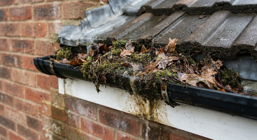 A gutter blocked with leaves and moss, cleared by DSY Roofing & Building Contractors