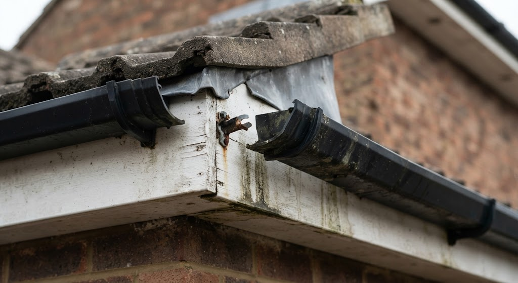 A damaged gutter joint in need of repair on a UK property, repaired by DSY Roofing & Building Contractors
