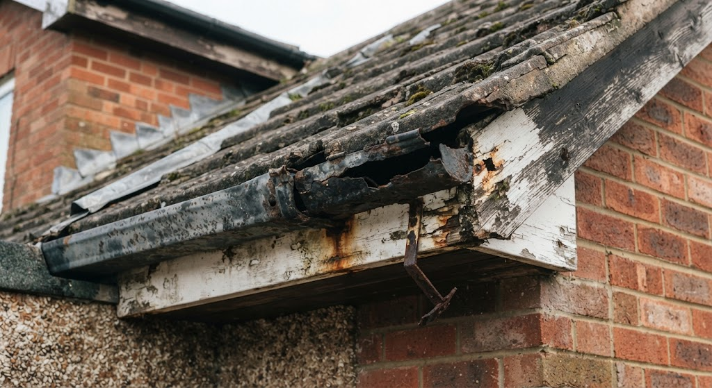 A rotten, worn gutter and roofline ready for replacement by DSY Roofing & Building Contractors