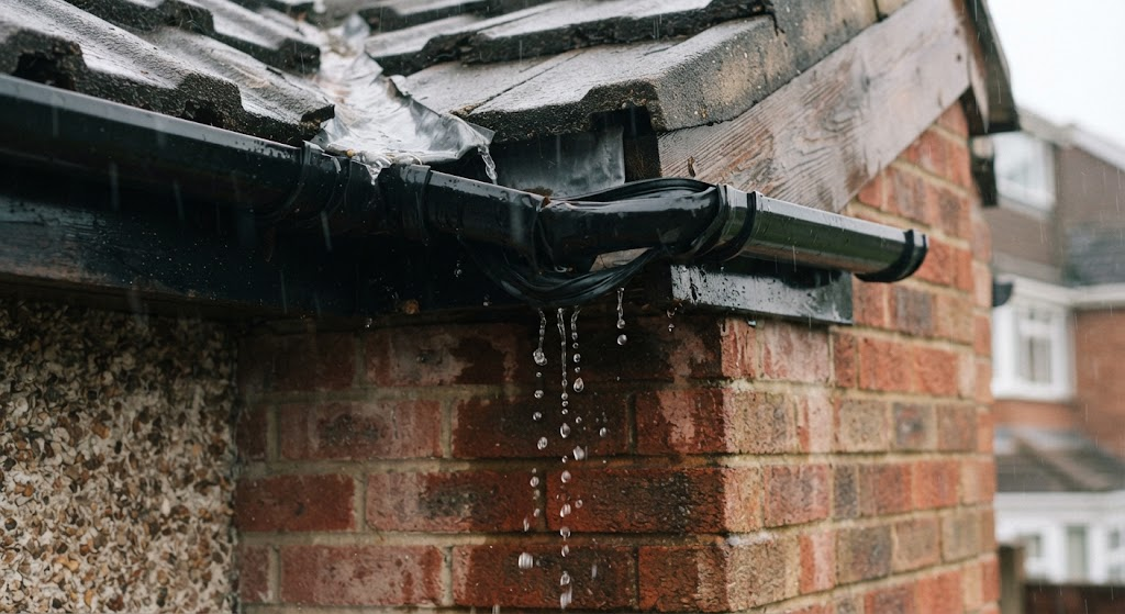 A leaking gutter dripping water down a brick wall, repaired by DSY Roofing & Building Contractors